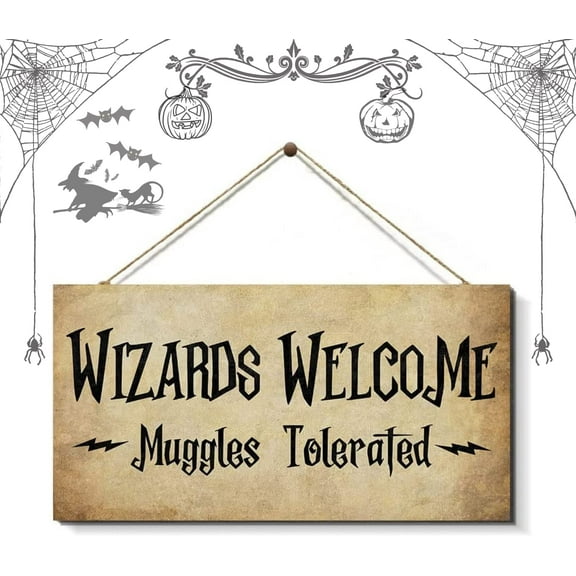 MUCHENGGIFT Wizards Welcome Halloween Wall Decor, Funny Welcome Sign Rustic Wood Plaque Gothic House Decor for Front Door Porch Kids Room, Black