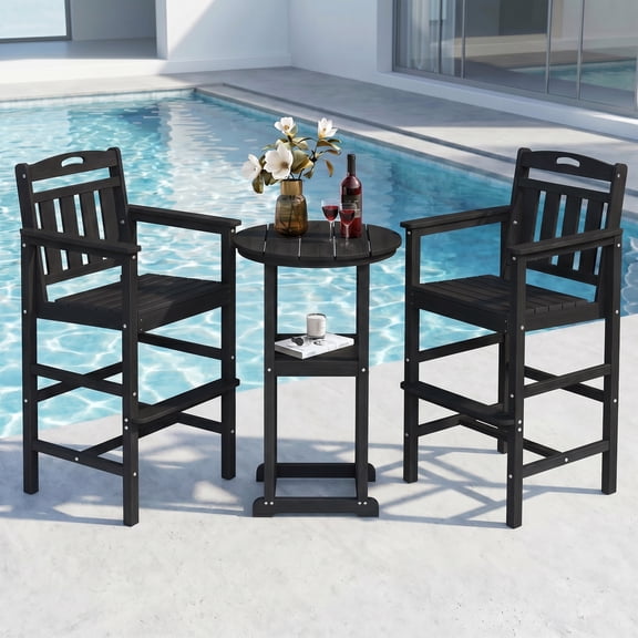 MUCHENGHY 3-Piece Outdoor Bar Set, HDPE Round Table & 2 Tall Chairs, Black