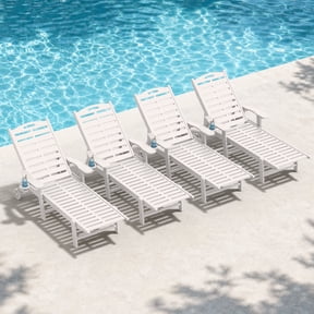 4-Pack HDPE Adjustable Patio Chaise Lounge with Wheels, White