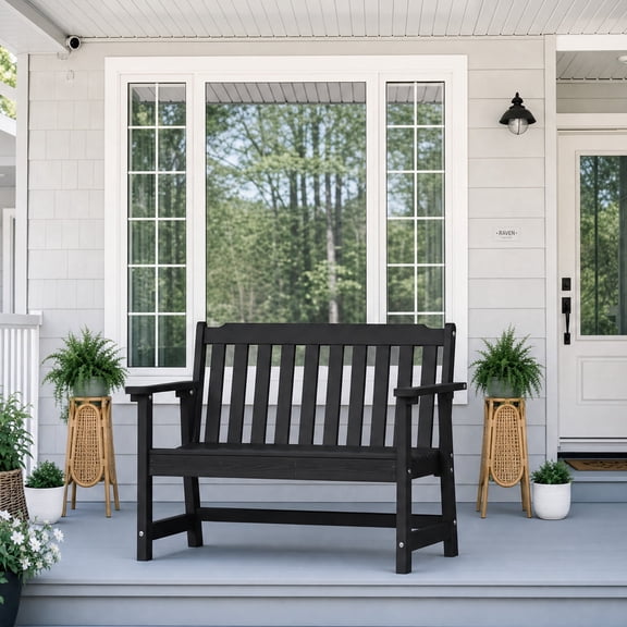 48" Outdoor Garden Bench, 550lbs Weatherproof HDPE Porch Seat, Black