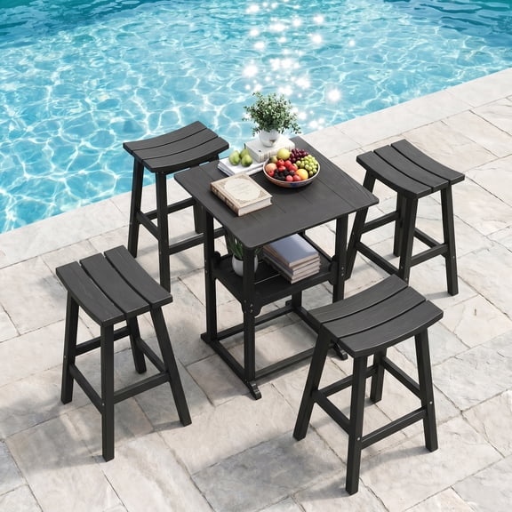 MUCHENGHY 5-Piece Outdoor Bar Set, HDPE Square High Top Table & 2 Stools, Black