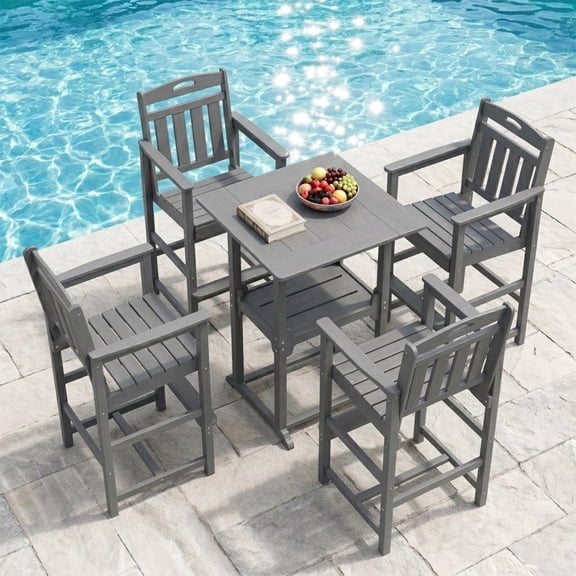 MUCHENGHY 5-Piece Outdoor Bar Set, HDPE Square Table & 4 Tall Chairs, Gray