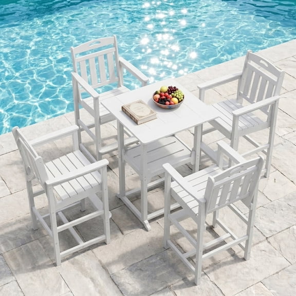 MUCHENGHY 5-Piece Outdoor Bar Set, HDPE Square Table & 4 Tall Chairs, White