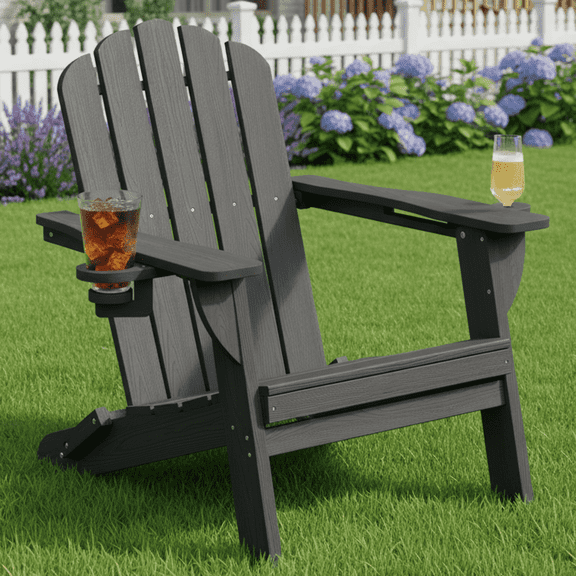 Folding Adirondack Chair, All-Weather HDPE Patio Chair with Cup Holders, Black
