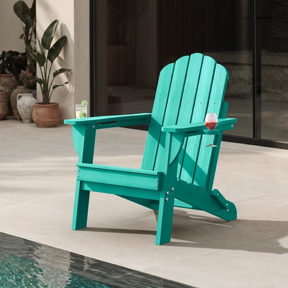 Folding Adirondack Chair, All-Weather HDPE Patio Chair with Cup Holders, Aqua