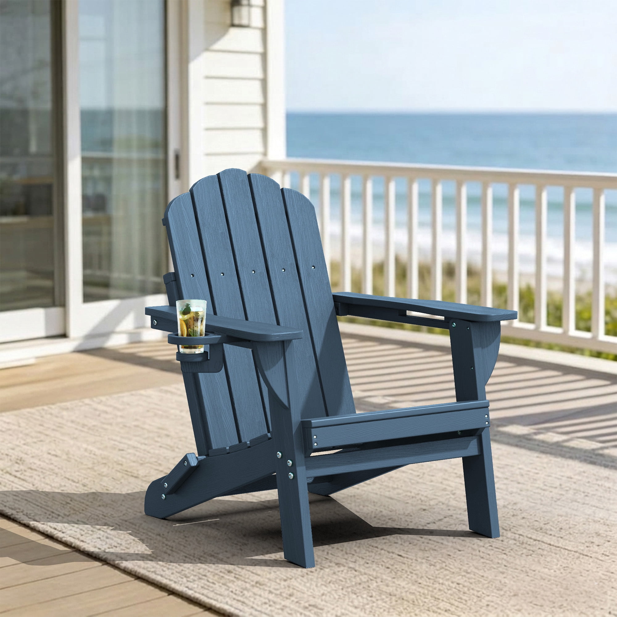 Folding Adirondack Chair, All-Weather HDPE Patio Chair with Cup Holders, Navy