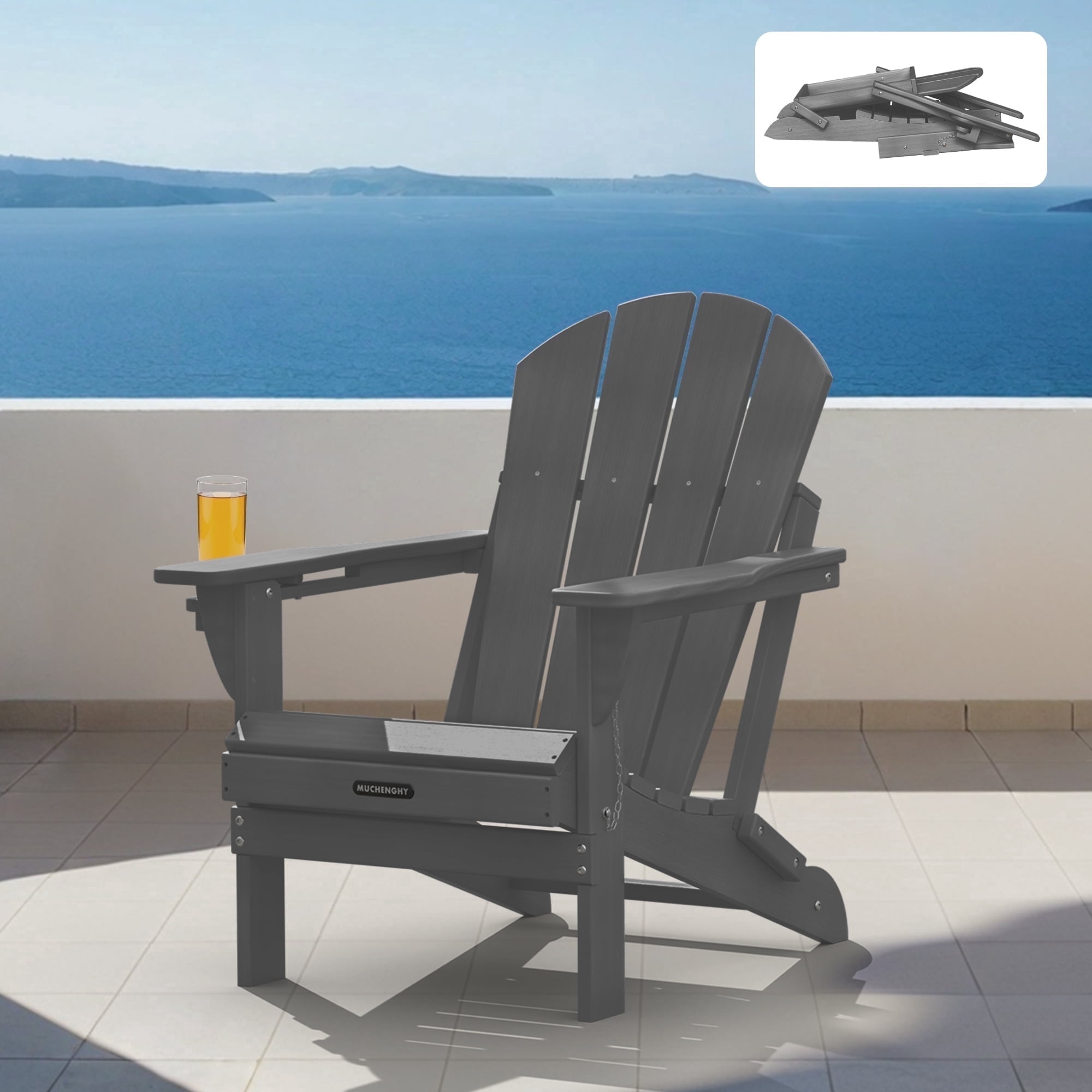 Folding Adirondack Chair Outdoor Fire Pit Chairs with Cup Holder Patio Poolside Garden Gray