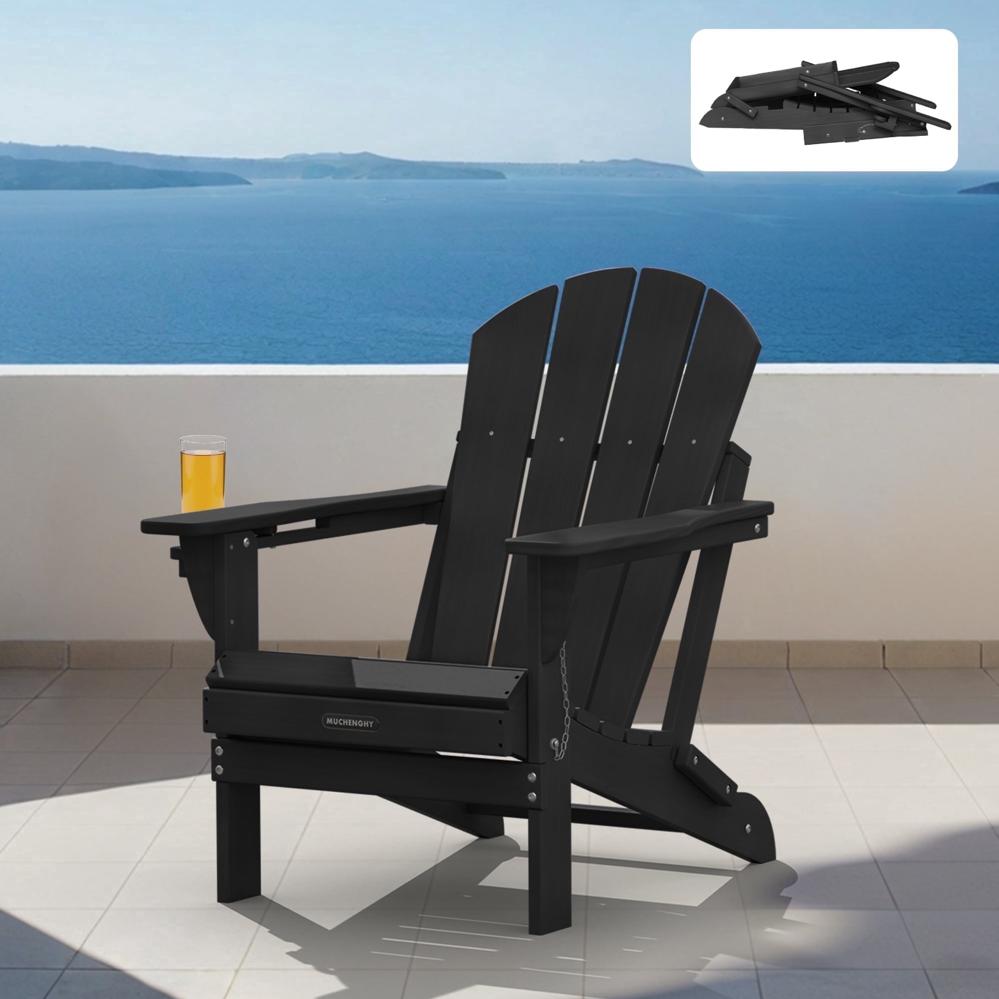 Folding Adirondack Chair Outdoor Patio Fire Pit Chairs with Cup Holder Porch Garden Black