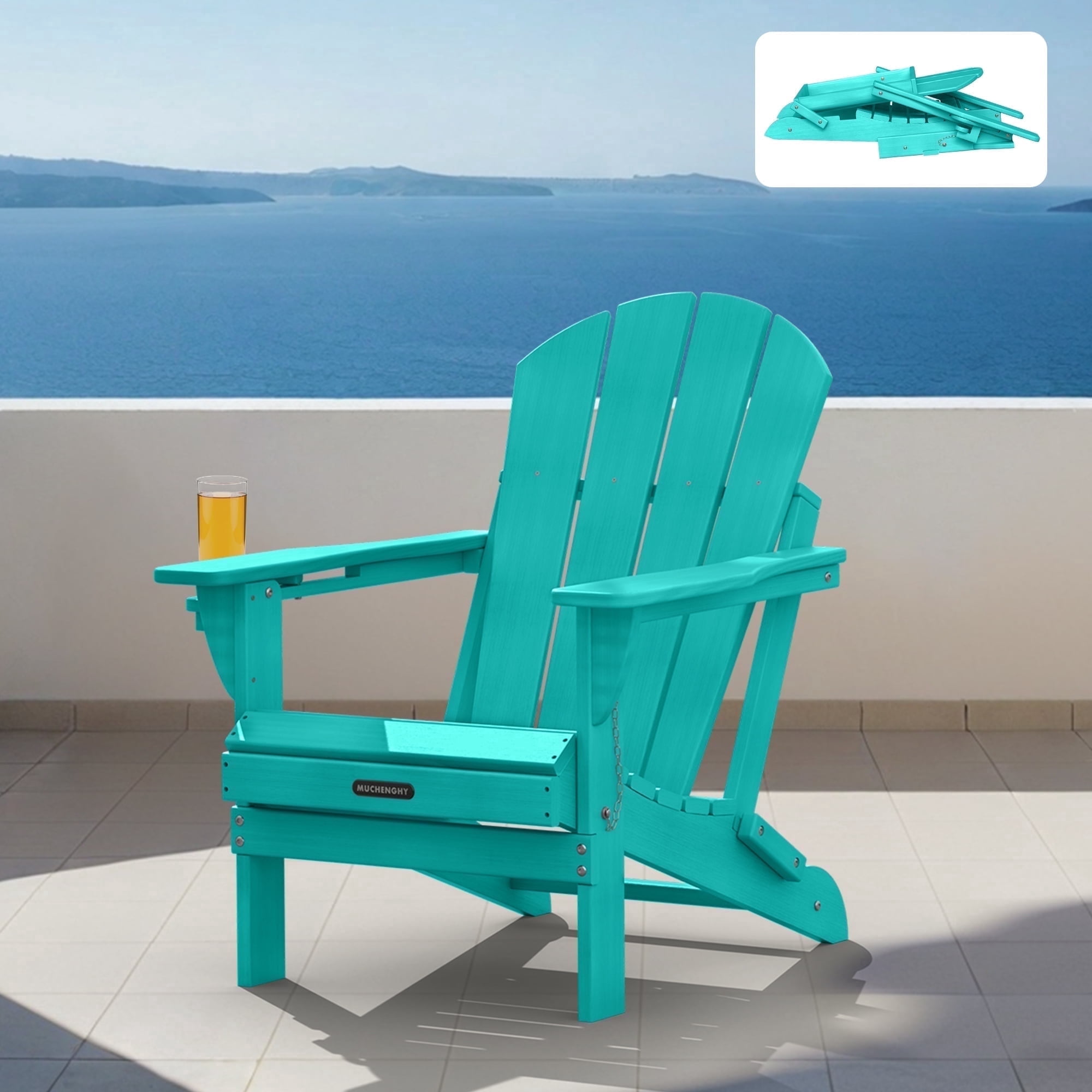 Folding Adirondack Chair Outdoor Patio Fire Pit Chairs with Cup Holder Porch Garden Blue