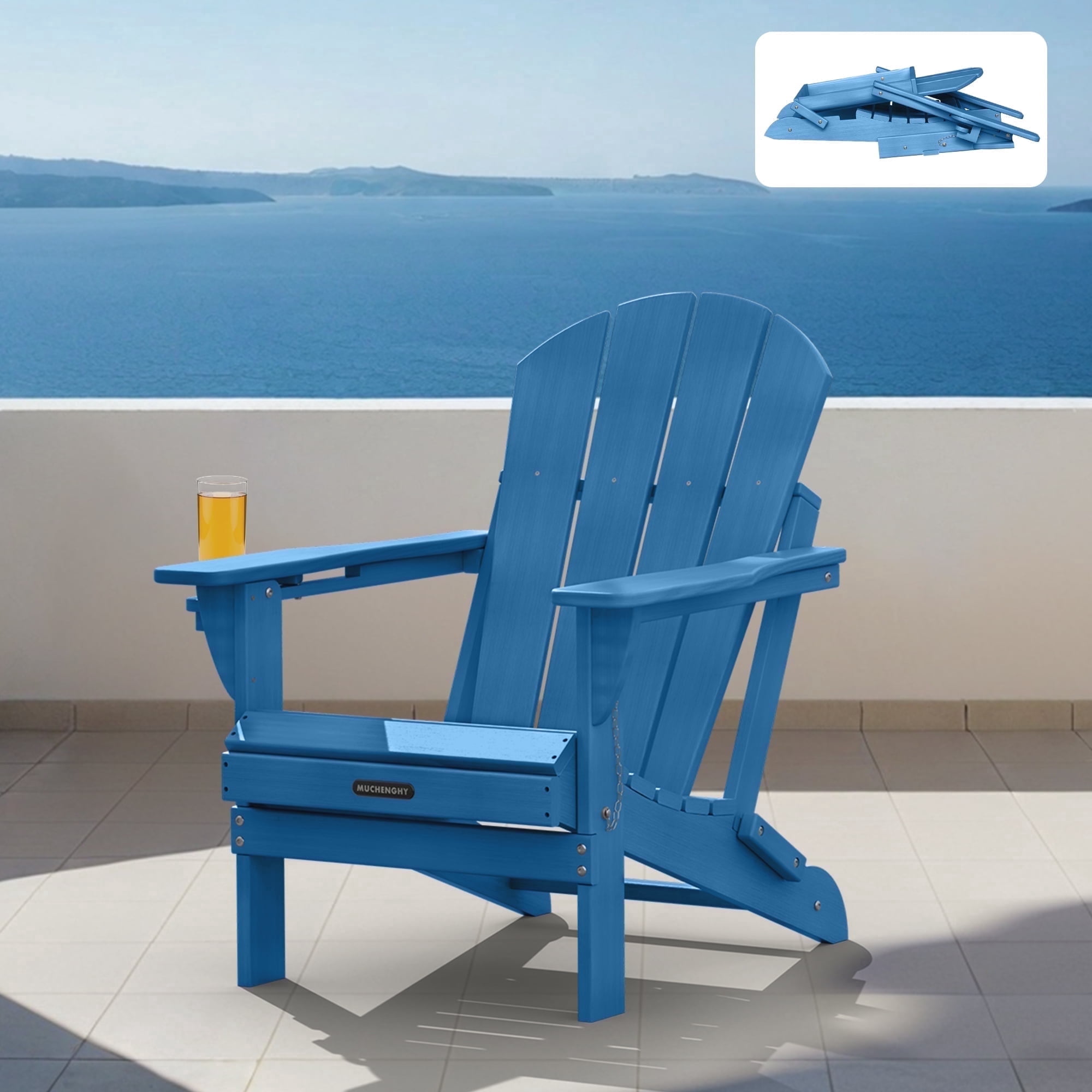 Folding Adirondack Chair Outdoor Patio Fire Pit Chairs with Cup Holder Porch Garden Navy