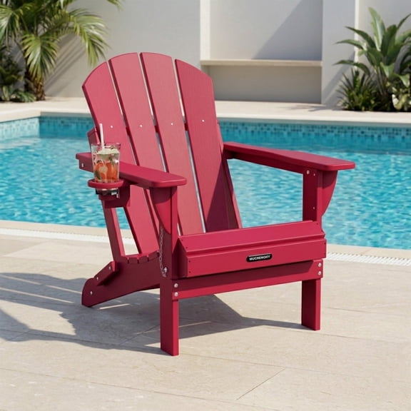 MUCHENGHY Folding Adirondack Chair Outdoor Patio Fire Pit Chairs with Cup Holder Porch Garden Red