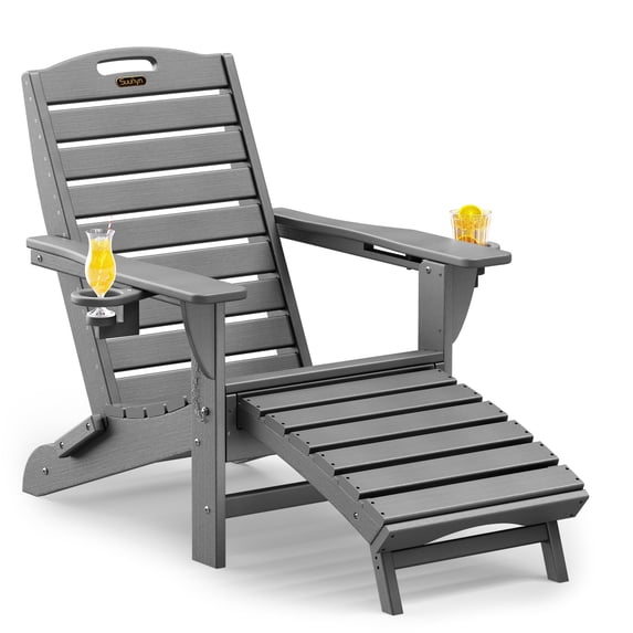 SUUNYN Folding Adirondack Chair with Ottoman, HDPE Outdoor Patio Chair with 2 Cup Holders, Gray