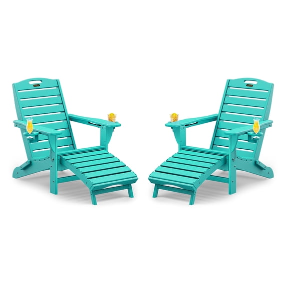 SUUNYN Set of 2 Folding Adirondack Chairs with Ottoman, HDPE Outdoor Lawn Chair & Cup Holder, Aqua