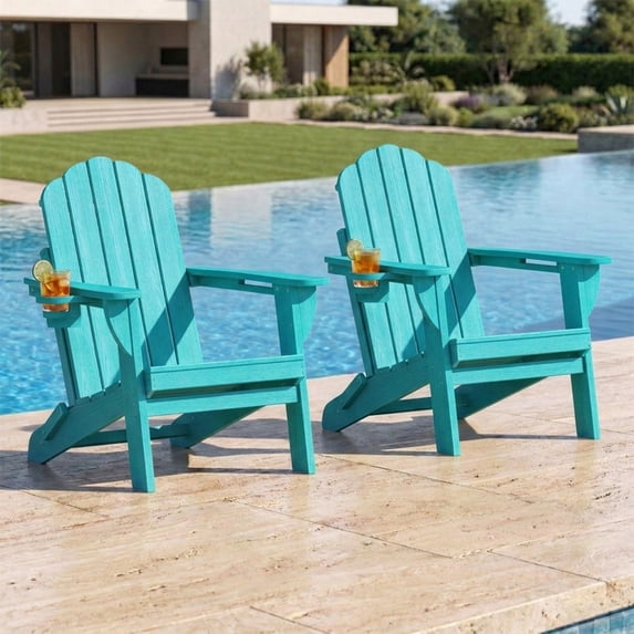 Folding Adirondack Chairs Set of 2, HDPE Plastic Fire Pit Chairs, Aqua