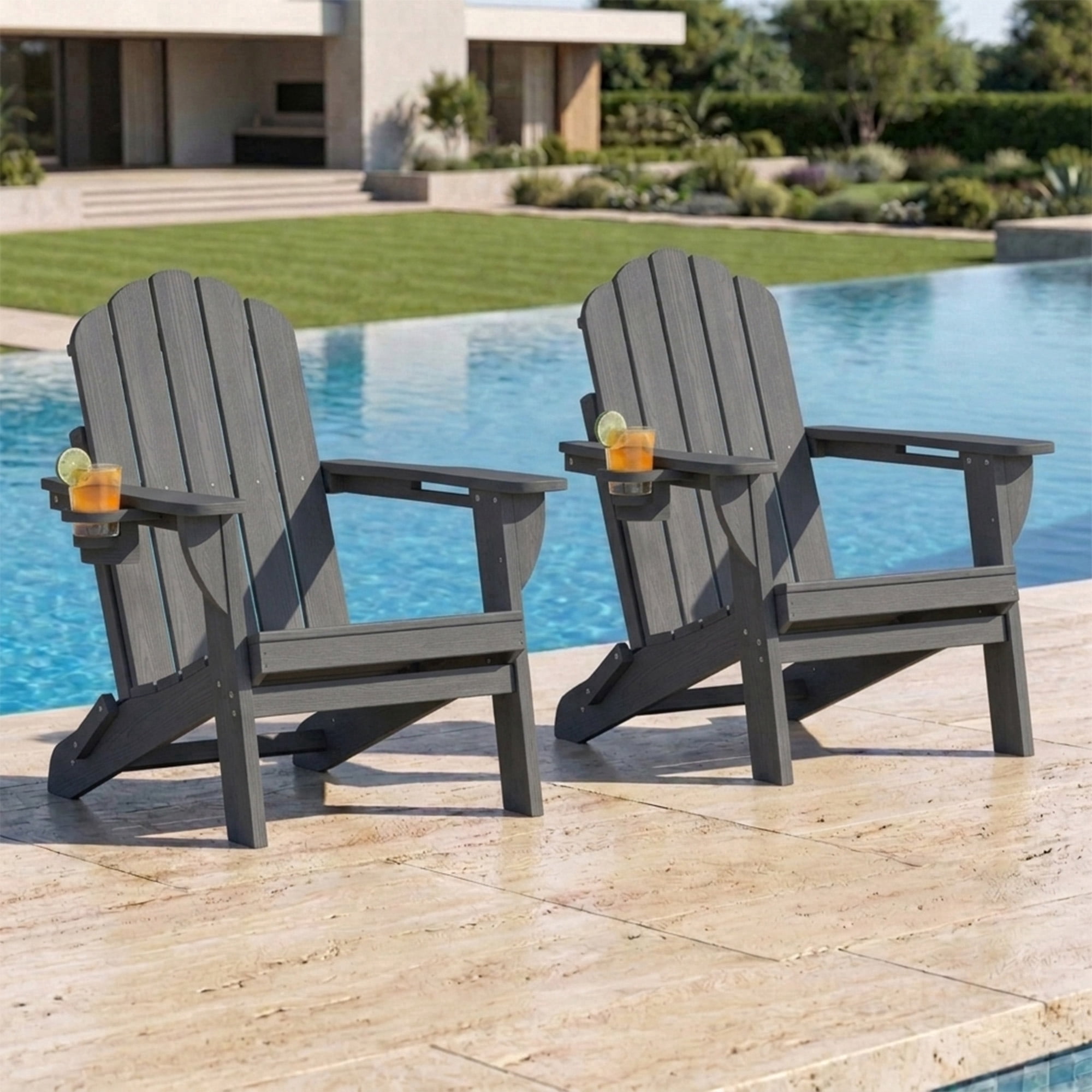 Folding Adirondack Chairs Set of 2, HDPE Plastic Fire Pit Chairs, Gray