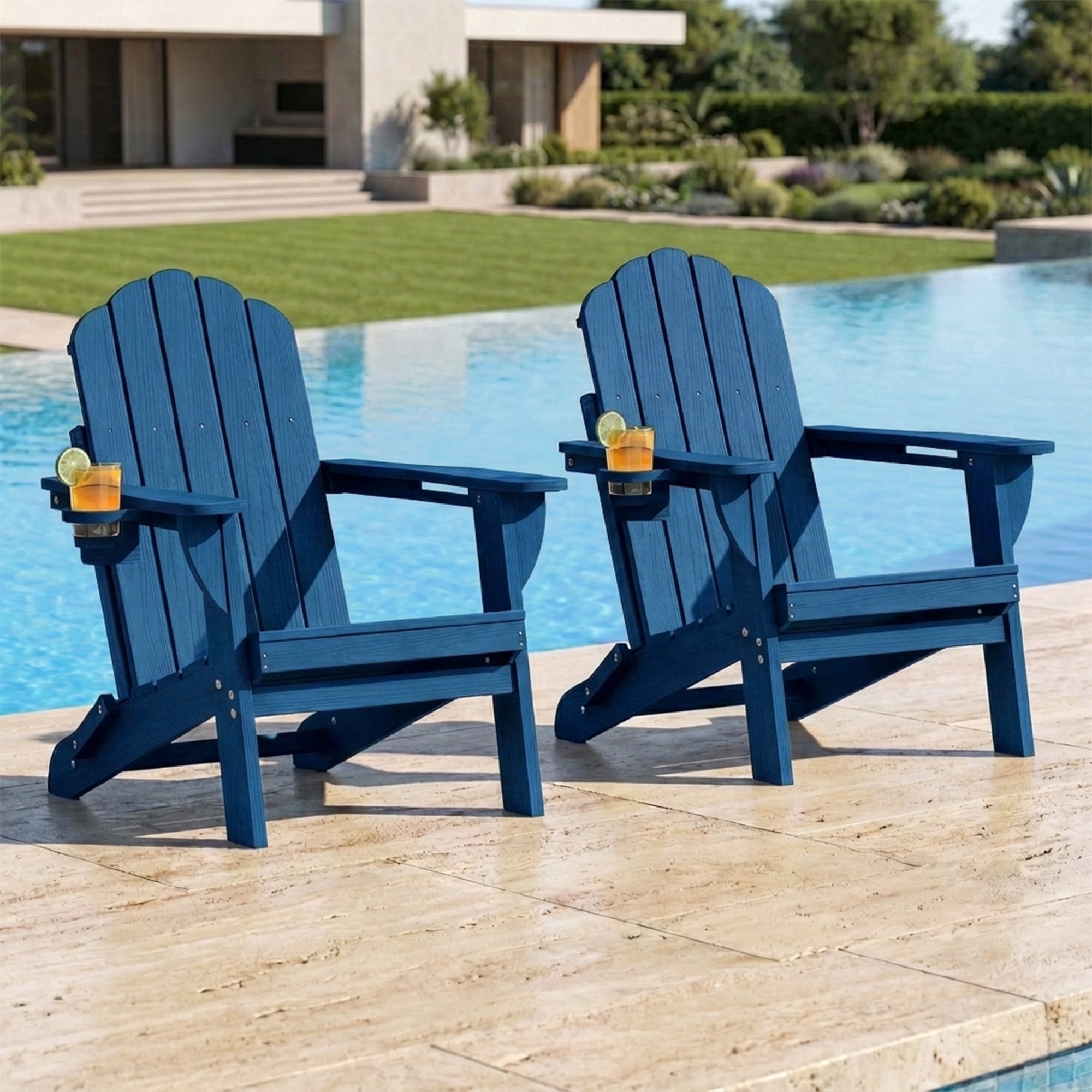 Folding Adirondack Chairs Set of 2, HDPE Plastic Fire Pit Chairs, Navy