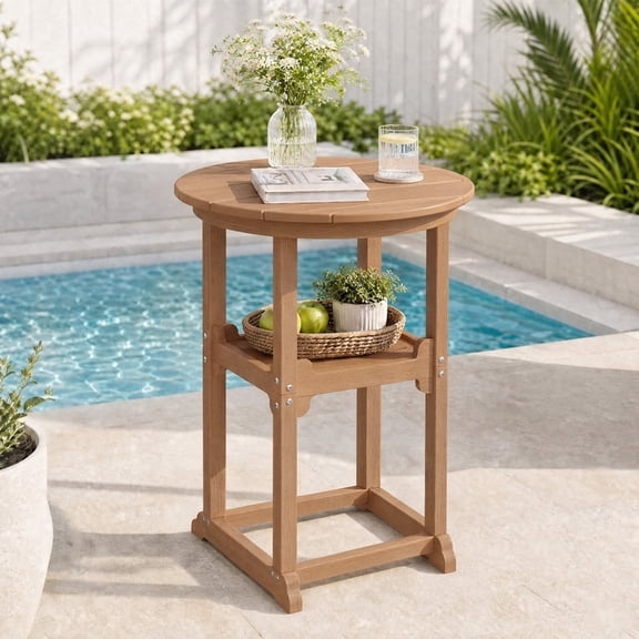 MUCHENGHY Outdoor Bar Table, HDPE All-Weather Round High Top Bistro Table, Teak
