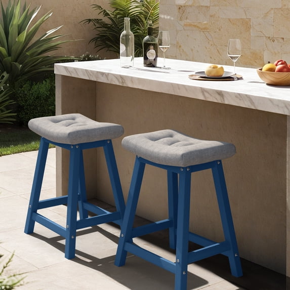 MUCHENGHY Set of 2 Outdoor Bar Stools 24" with Cushions, HDPE Patio Saddle Seats, Navy