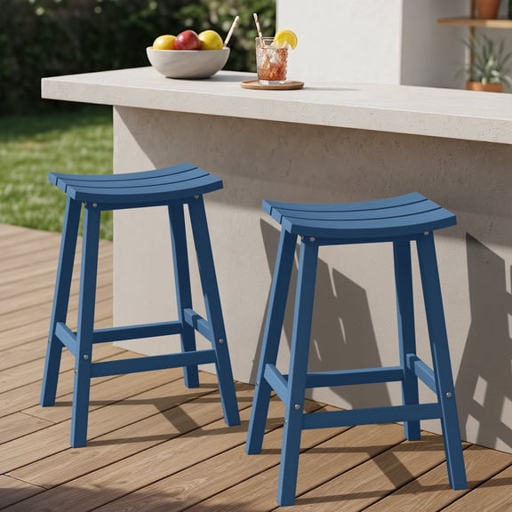 Set of 2 Outdoor Bar Stools 29", HDPE Weatherproof Patio Saddle Seats, Navy
