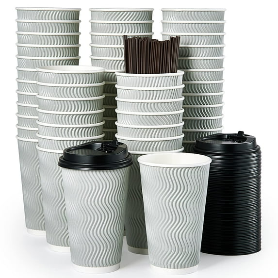 MUCHII 16 oz Disposable Coffee Cups, 80 Count Silver Grey Insulated Ripple To Go Cups With Lids and Straws for Tea, Hot Chocolate, and Drinks A101