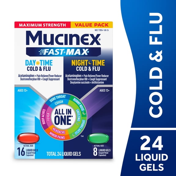 Mucinex Fast Max Cold and Flu Relief Liquid Gels, Maximum Strength Daytime (16 Count) and Nighttime (8 Count), Combo Pack
