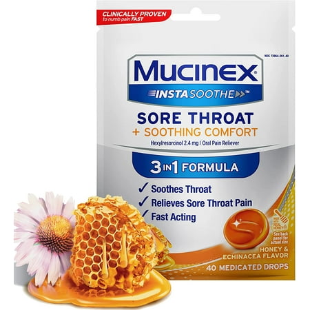 MUCINEX® InstaSoothe™ Sore Throat + Soothing Comfort - Honey & Echinacea 36/40 ct. (Pack of 2)
