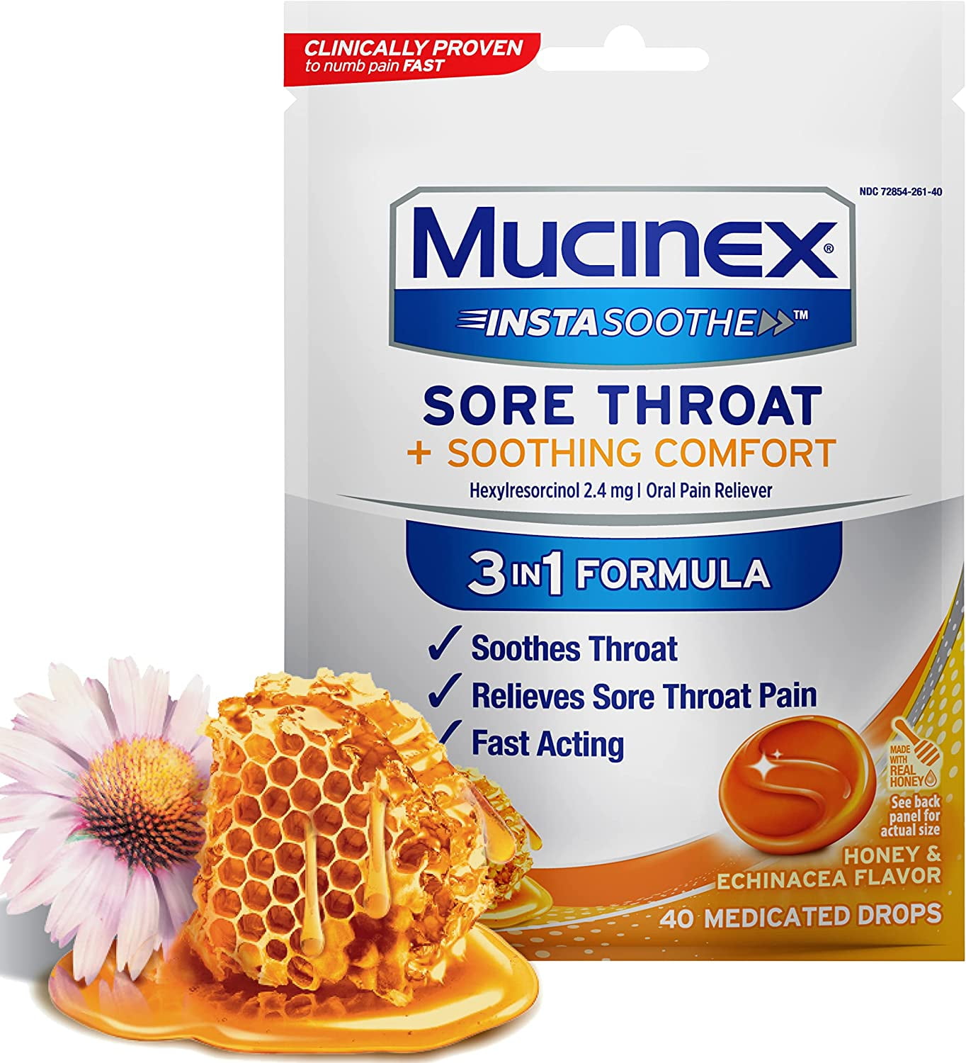 MUCINEX&reg; InstaSoothe&trade; Sore Throat  Soothing Comfort - Honey &amp; Echinacea 3640 ct. Pack of 3