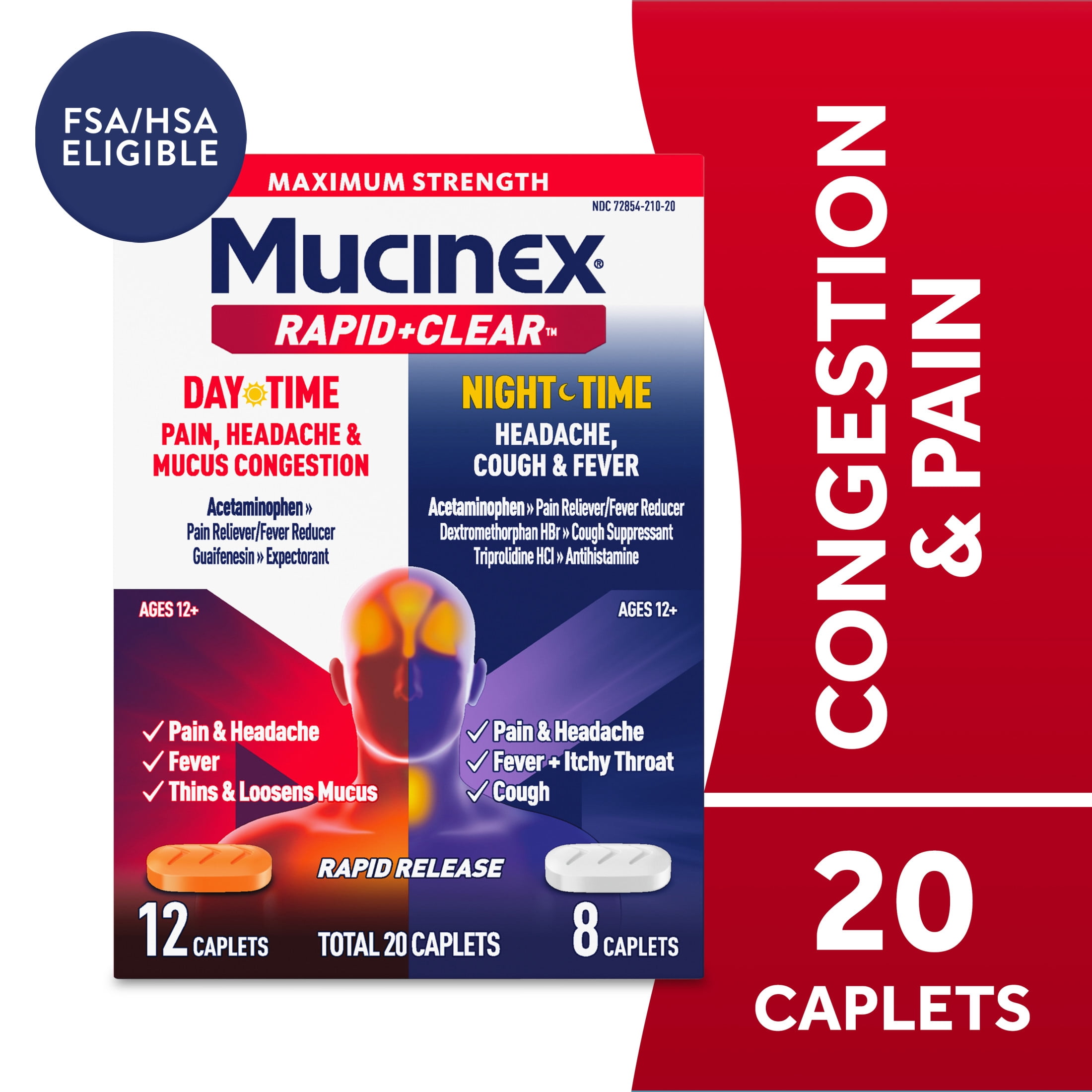 Mucinex Rapid Clear Pain, Headache and Mucus Congestion Day and Nighttime Caplets, 20 count Combo Pack