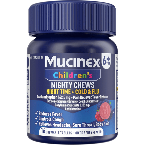 Mucinex Children's Mighty Chews Nighttime Cold and Flu Medicine, Chewable Tablets, 16 Count