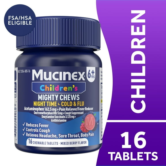 Mucinex Children's Mighty Chews Nighttime Cold and Flu Medicine, Chewable Tablets, 16 Count