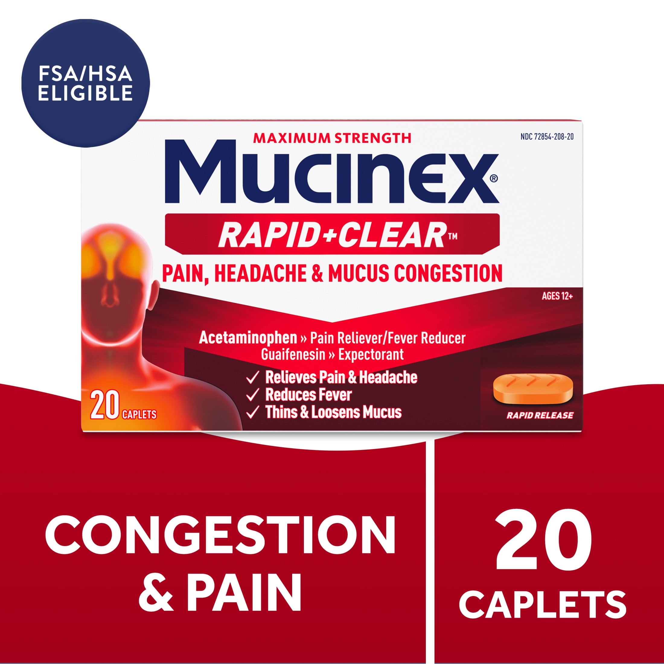 Mucinex Rapid+Clear Maximum Strength Cold Medicine & Expectorant, Fever, Pain, Headache, & Excess Mucus Relief with Acetaminophen & Guaifenesin, Rapid Release Caplets for Adults, 20 Count