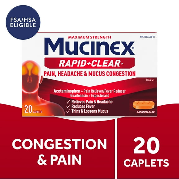 Mucinex Rapid+Clear Maximum Strength Cold Medicine & Expectorant, Fever, Pain, Headache, & Excess Mucus Relief with Acetaminophen & Guaifenesin, Rapid Release Caplets for Adults, 20 Count