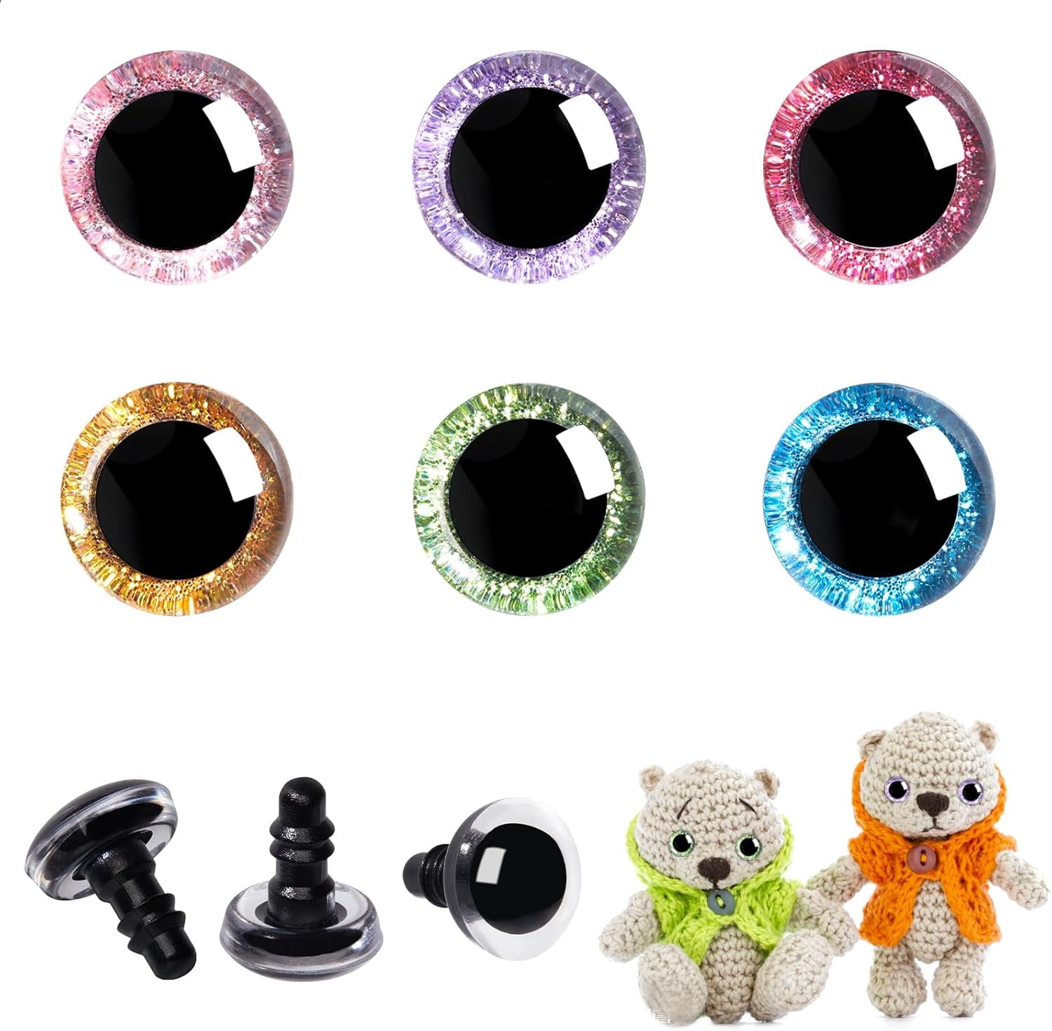 Lot De 120 Yeux De Sécurité En Plastique à Paillettes 3D - Pour Amigurumi, Poupées, Peluches - Tailles Et Couleurs Assorties (12 Mm) - 6