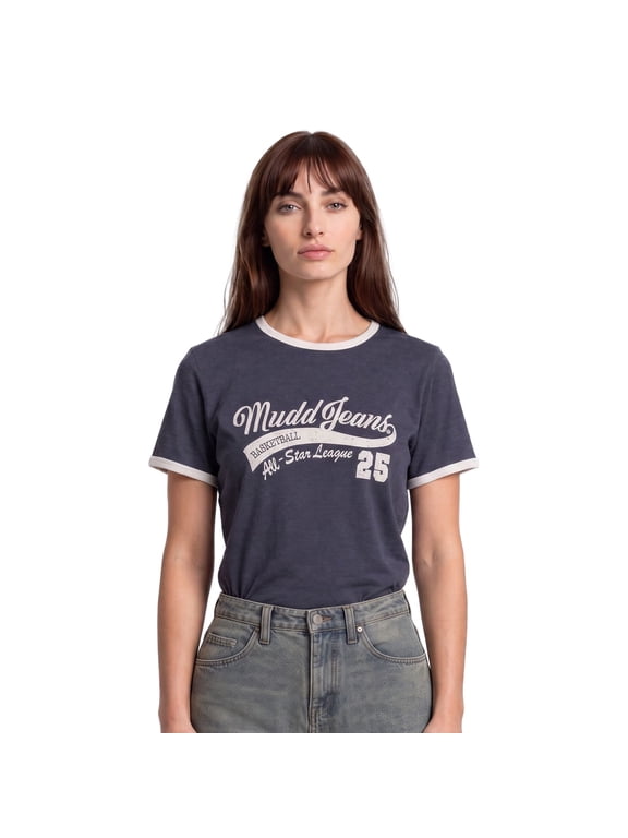 Acid Wash Ringer Graphic T-Shirt for Women, Sizes S-XL