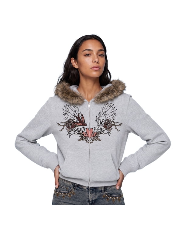Floral Graphic Zip Hoodie with Removable Faux Fur Trim Hood for Women, Sizes S-XL