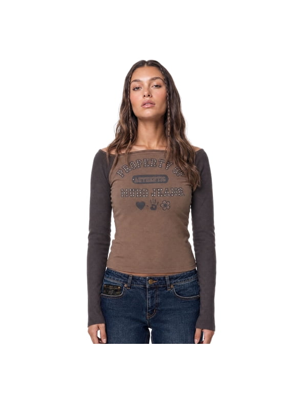 Junior's Long Sleeve Off the Shoulder Top - Graphic Print, Rhinestone Embellished T-Shirt for Women, Sizes S-XL