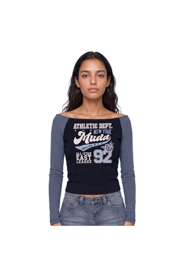 Junior's Long Sleeve Off the Shoulder Top - Graphic Print, Rhinestone Embellished T-Shirt for Women Sizes S-XL