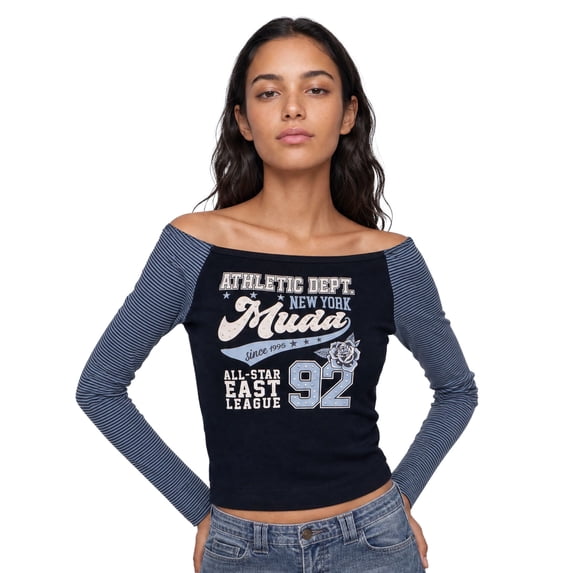 MUDD Junior's Long Sleeve Off the Shoulder Top - Graphic Print, Rhinestone Embellished T-Shirt for Women Sizes S-XL