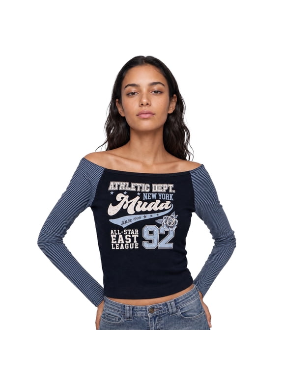 Junior's Long Sleeve Off the Shoulder Top - Graphic Print, Rhinestone Embellished T-Shirt for Women Sizes S-XL