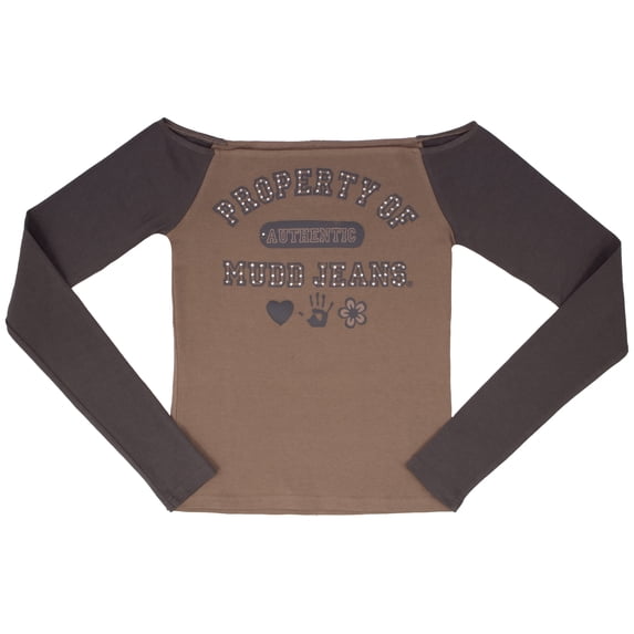 MUDD Junior's Long Sleeve Off the Shoulder Top - Graphic Print, Rhinestone Embellished T-Shirt for Women, Sizes S-XL