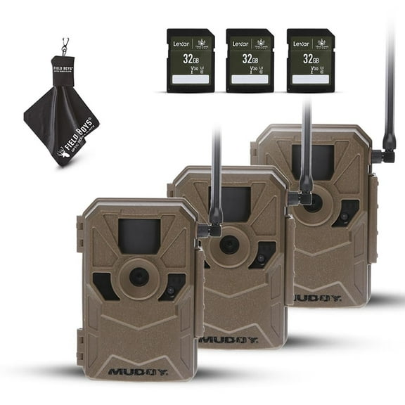 MUDDY Merge 3-Pack Cellular Trail Cameras  26MP, LTE Dual SIM, Color Night Vision, App Control  Includes 3 Cameras for Ultimate Coverage, SD Cards, and Cleaning Cloth 3PK