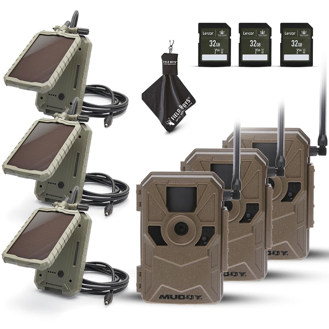 MUDDY Merge 3-Pack Cellular Trail Cameras  26MP, LTE Dual SIM, Color Night Vision, App Control  Includes 3 Cameras for Ultimate Coverage, Solar Panels, SD Cards, and Cleaning Cloth 3PK