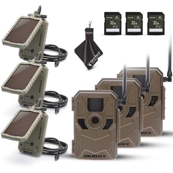 MUDDY Merge 3-Pack Cellular Trail Cameras 26MP, LTE Dual SIM, Color Night Vision, App Control Includes 3 Cameras for Ultimate Coverage, Solar Panels, SD Cards, and Cleaning Cloth 3PK
