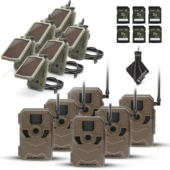 MUDDY Merge 3-Pack Cellular Trail Cameras 26MP, LTE Dual SIM, Color Night Vision, App Control Includes 3 Cameras for Ultimate Coverage, Solar Panels, SD Cards, and Cleaning Cloth 6PK