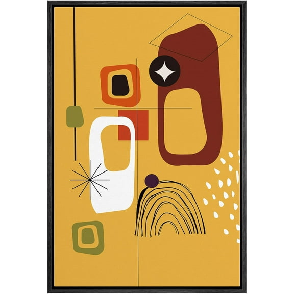 MUDECOR Framed Canvas Print Wall Art Mid-Century Modern 1960s Vintage Polygons Abstract Shapes Illustrations Minimalism Decorative Bohemian Multicolor Geometric Retro for Bedroom - 24"x36" Black