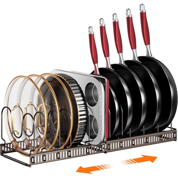 MUDEELA Pots and Pans Organizer Rack Expandable with 12 Adjustable Dividers, Bronze