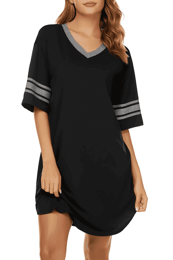 Nightgown for Women Short Sleeve Sleepwear Casual Cotton Sleep Shirt Soft V Neck Lounge Sleep Shirts Color Block