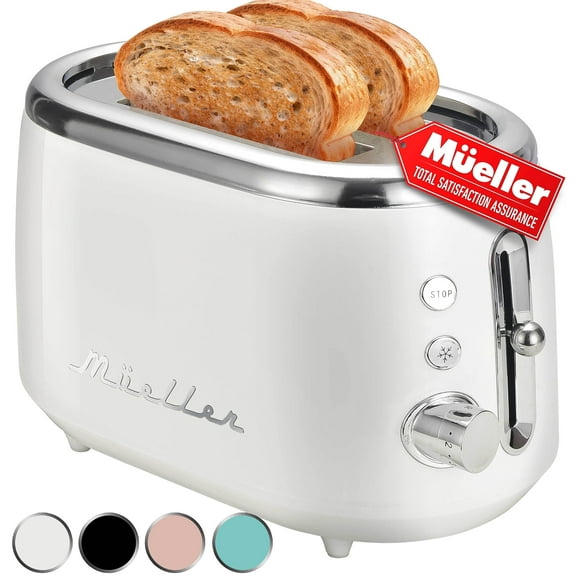 MUELLER HOME Retro Toaster 2 Slice, 7 Browning Levels, 3 Functions (Reheat, Defrost, Cancel), Stainless Steel Features, Removable Crumb Tray, Under Base Cord Storage, White Toaster Kitchen Appliances