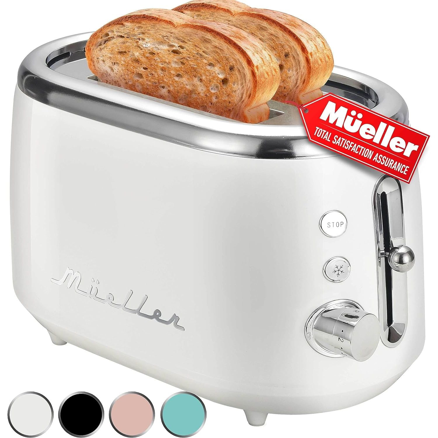 MUELLER Retro Toaster 2 Slice with 7 Browning Levels and 3 Functions Reheat, Defrost & Cancel
