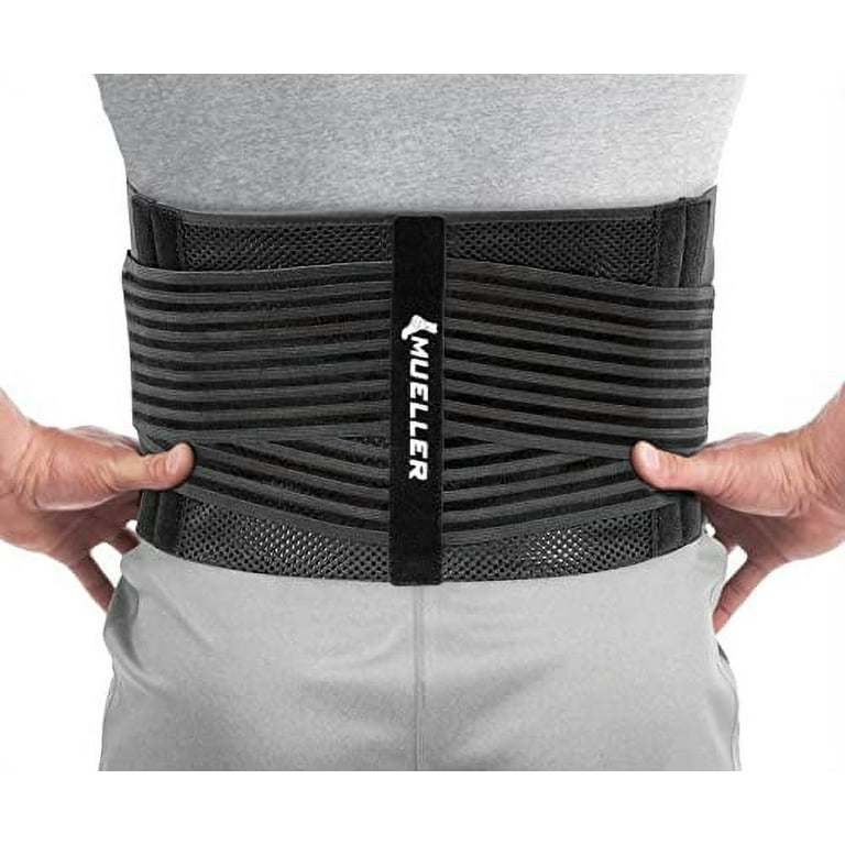 MUELLER Sports Medicine 4-in-1 Lumbar Support Back Brace, Men and Women,  Adjustable Lower Waist Belt, Back Pain Relief from Soreness, Fatigue, or  Injury, Black, Large 